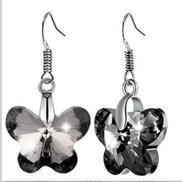Black Butterfly Earrings Dangle Crystal Cut Earrings Butterflies Silver Transpar - Picture 1 of 8